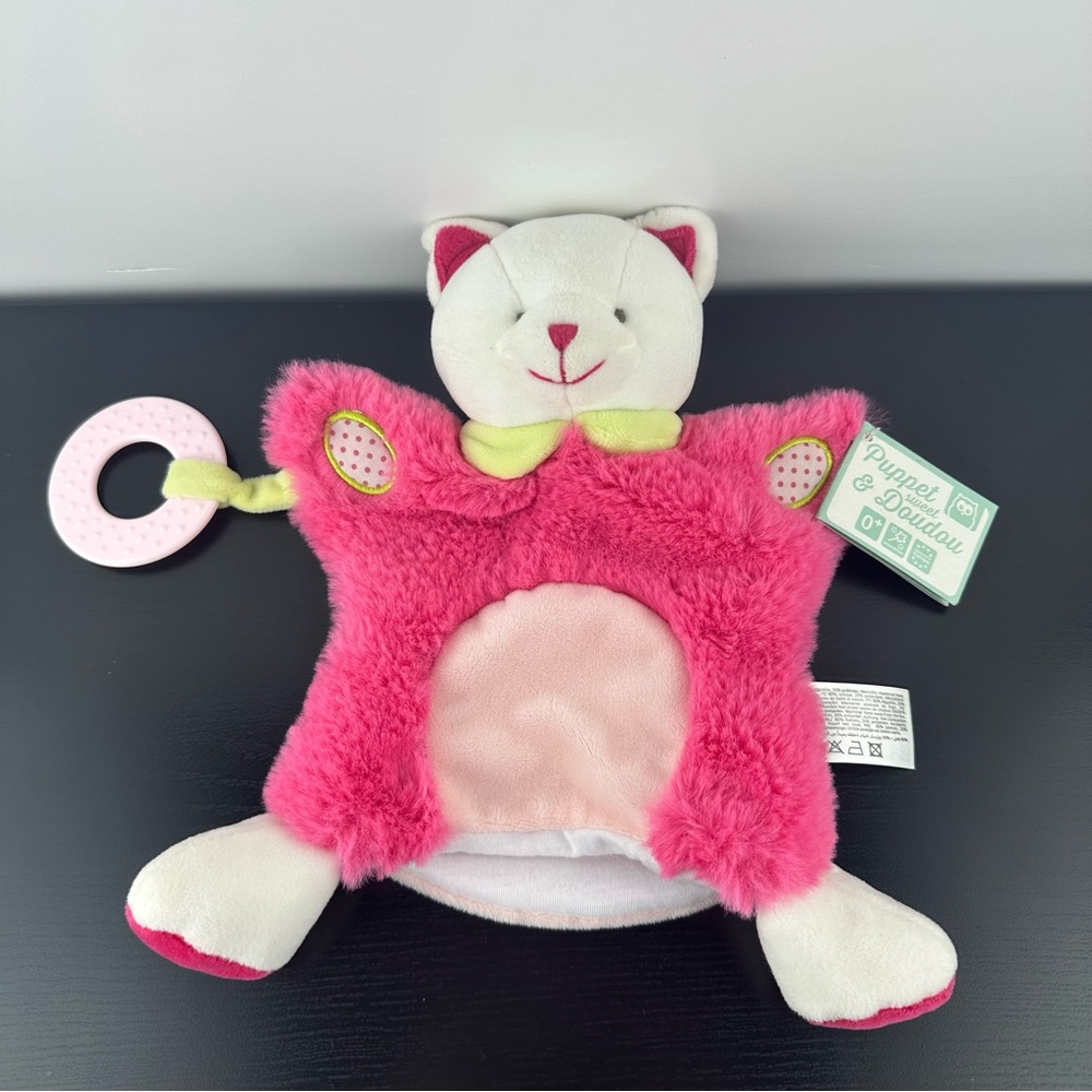 Doudou Et Compagnie Pink White Cat Puppet Chat Rose Blanc Marionette 10” READ